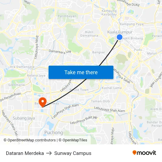 Dataran Merdeka to Sunway Campus map