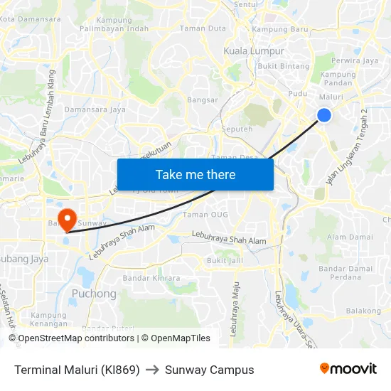 Terminal Maluri (Kl869) to Sunway Campus map