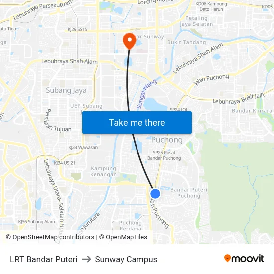 LRT Bandar Puteri to Sunway Campus map