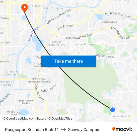 Pangsapuri Sri Indah Blok 11 to Sunway Campus map