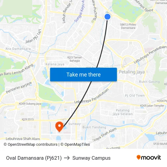 Oval Damansara (Pj621) to Sunway Campus map