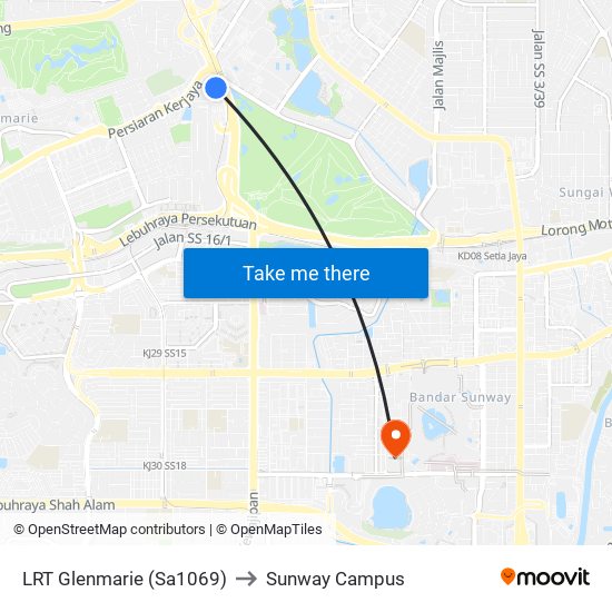 LRT Glenmarie (Sa1069) to Sunway Campus map