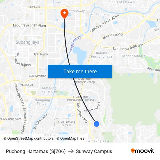 Puchong Hartamas (Sj706) to Sunway Campus map