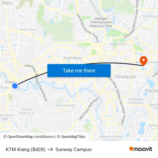 KTM Klang (Bd28) to Sunway Campus map