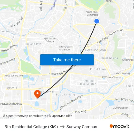 9th Residential College (Kk9) to Sunway Campus map