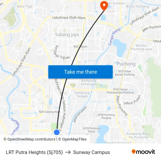 LRT Putra Heights (Sj705) to Sunway Campus map
