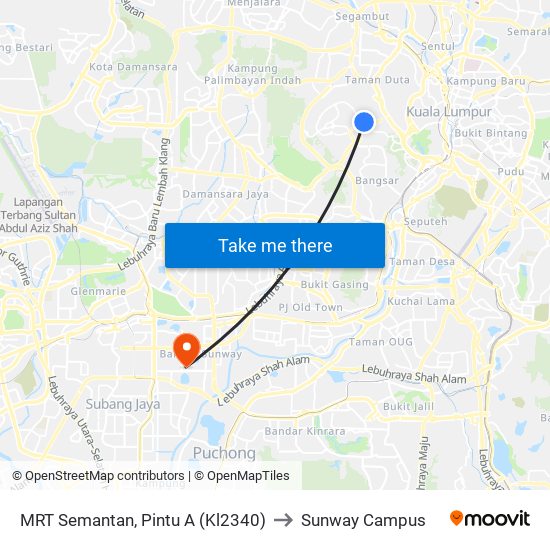 MRT Semantan, Pintu A (Kl2340) to Sunway Campus map