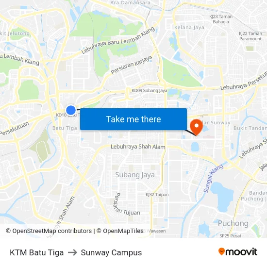 KTM Batu Tiga to Sunway Campus map