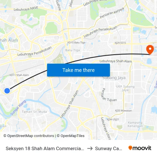 Seksyen 18 Shah Alam Commercial Centre to Sunway Campus map