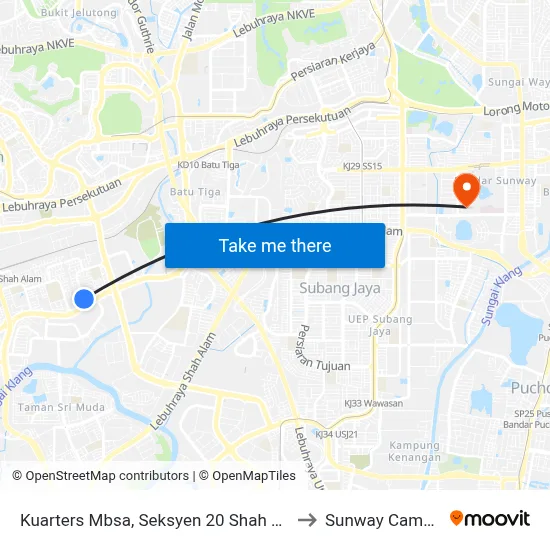 Kuarters Mbsa, Seksyen 20 Shah Alam to Sunway Campus map
