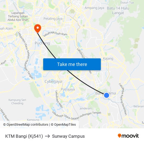 KTM Bangi (Kj541) to Sunway Campus map