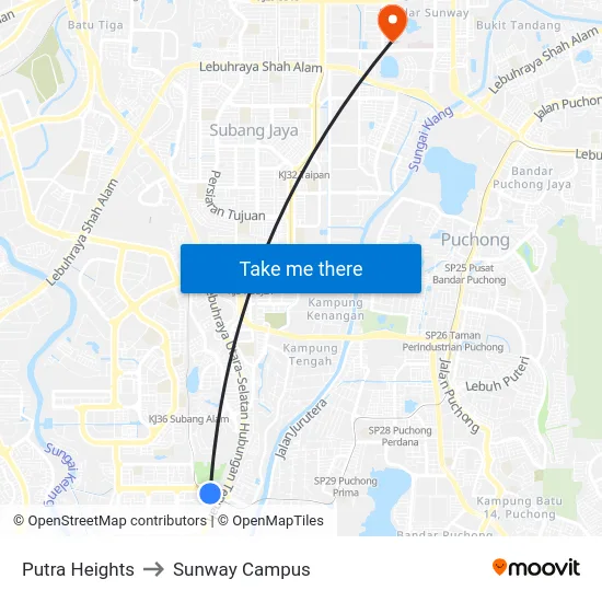 Putra Heights to Sunway Campus map