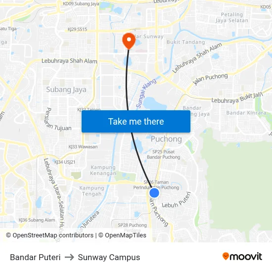 Bandar Puteri to Sunway Campus map