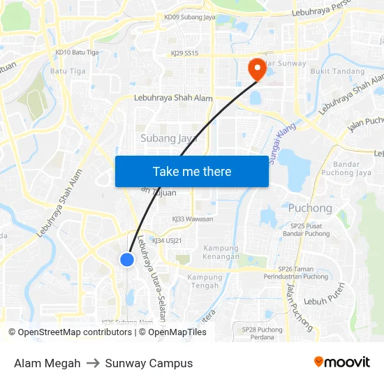 Alam Megah to Sunway Campus map