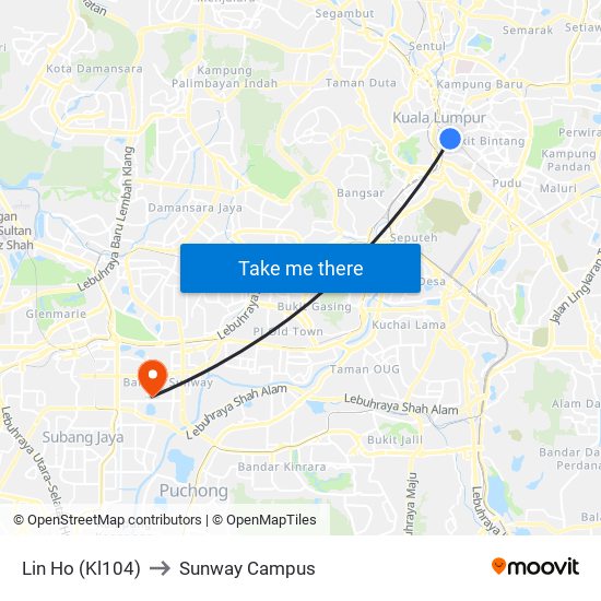 Lin Ho (Kl104) to Sunway Campus map