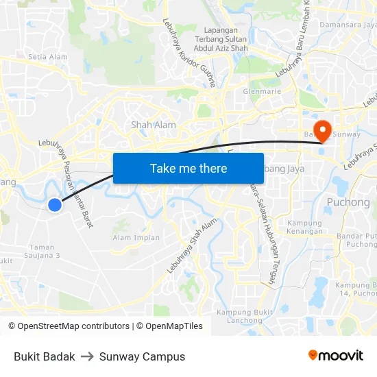 Bukit Badak to Sunway Campus map