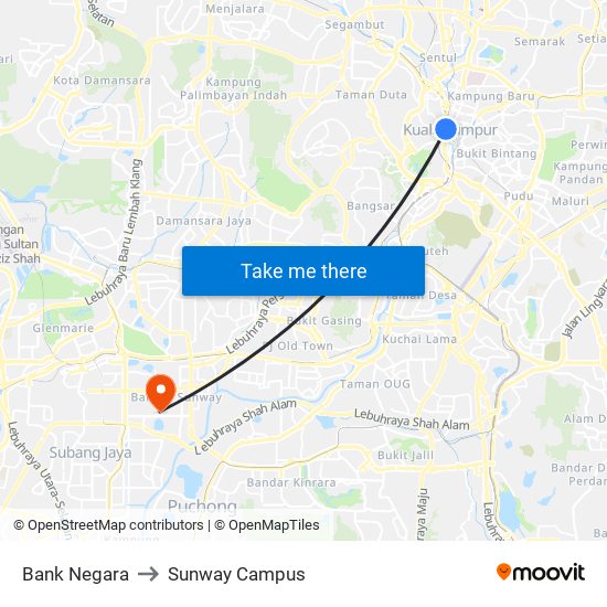 Bank Negara to Sunway Campus map