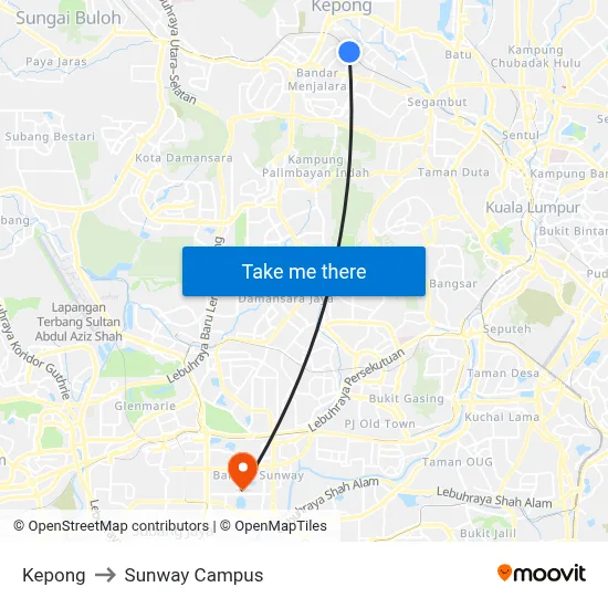 Kepong to Sunway Campus map