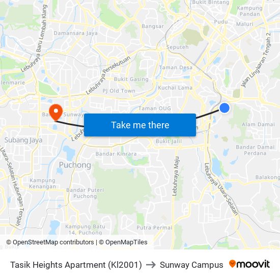 Tasik Heights Apartment (Kl2001) to Sunway Campus map