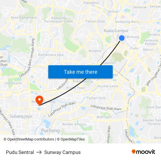 Pudu Sentral to Sunway Campus map