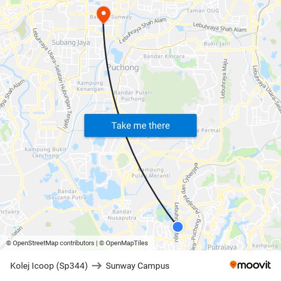 Kolej Icoop (Sp344) to Sunway Campus map