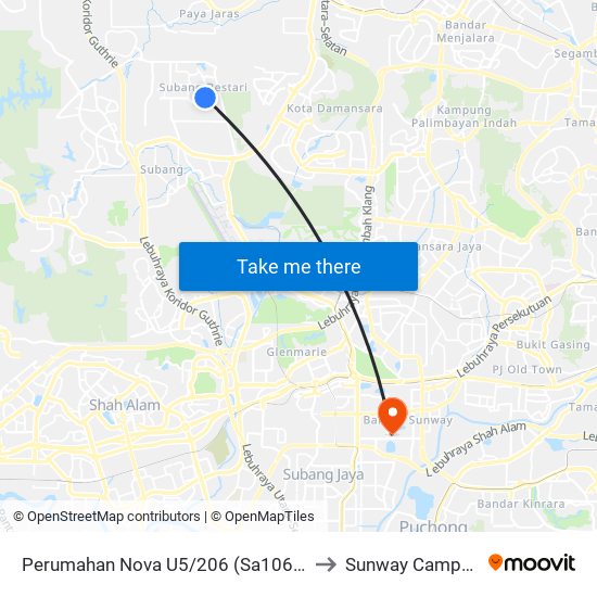 Perumahan Nova U5/206 (Sa1061) to Sunway Campus map