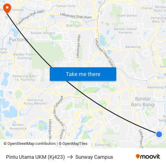 Pintu Utama UKM (Kj423) to Sunway Campus map