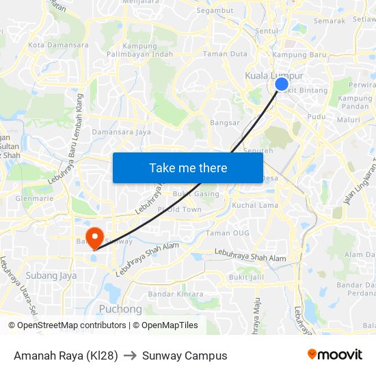 Amanah Raya (Kl28) to Sunway Campus map