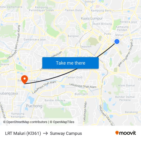 LRT Maluri (Kl361) to Sunway Campus map