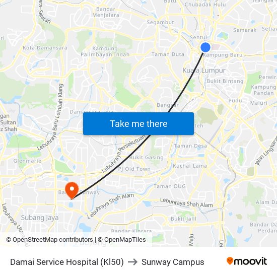 Damai Service Hospital (Kl50) to Sunway Campus map