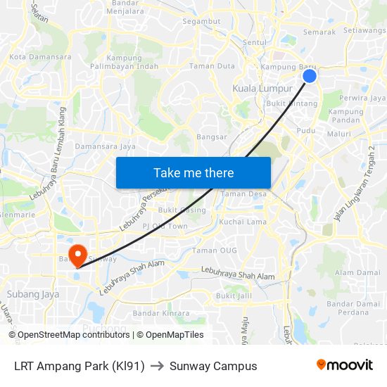 LRT Ampang Park (Kl91) to Sunway Campus map