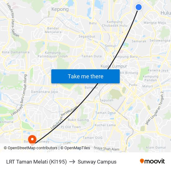 LRT Taman Melati (Kl195) to Sunway Campus map