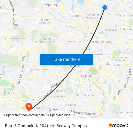Batu 5 Gombak (Kl904) to Sunway Campus map