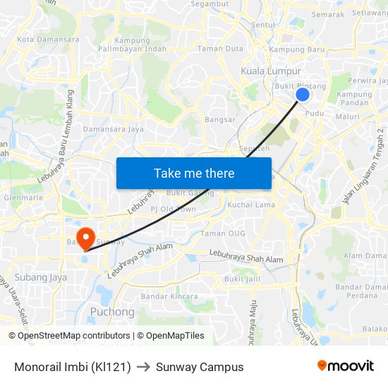 Monorail Imbi (Kl121) to Sunway Campus map