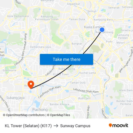 KL Tower (Selatan) (Kl17) to Sunway Campus map