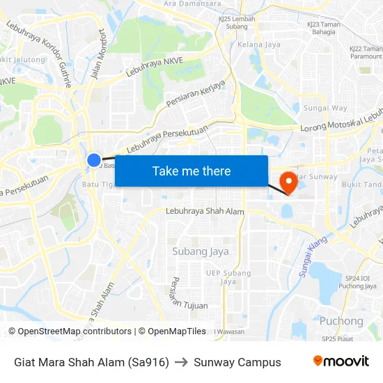 Giat Mara Shah Alam (Sa916) to Sunway Campus map