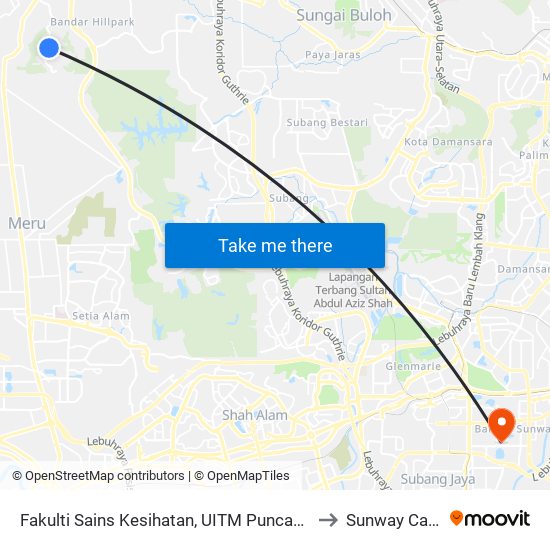 Fakulti Sains Kesihatan, UITM Puncak Alam (Ks34) to Sunway Campus map