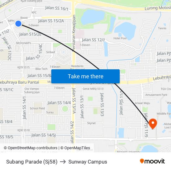 Subang Parade (Sj58) to Sunway Campus map