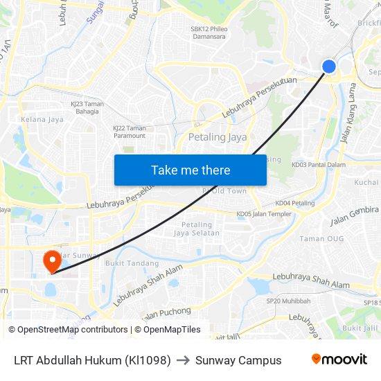 LRT Abdullah Hukum (Kl1098) to Sunway Campus map