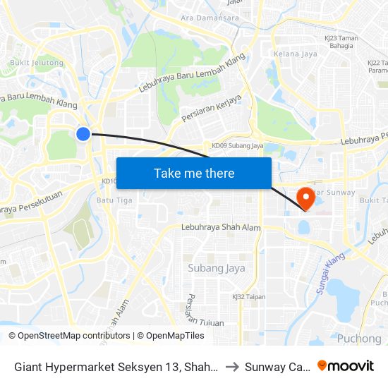 Giant Hypermarket Seksyen 13, Shah Alam (Sa947) to Sunway Campus map