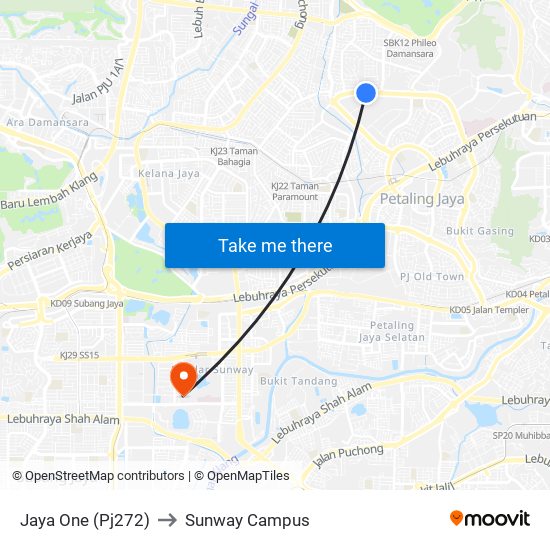 Jaya One (Pj272) to Sunway Campus map