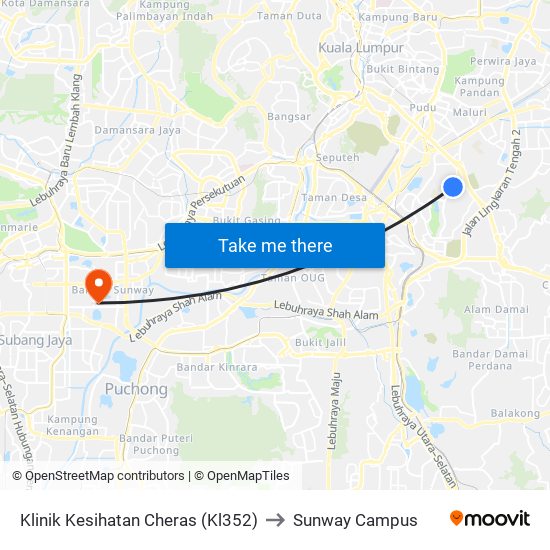 Klinik Kesihatan Cheras (Kl352) to Sunway Campus map