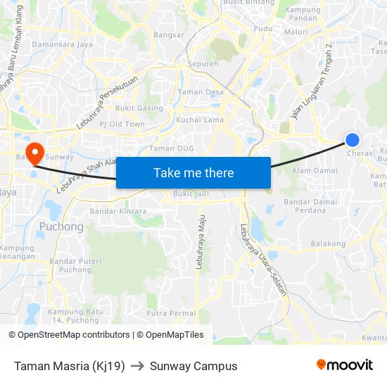 Taman Masria (Kj19) to Sunway Campus map