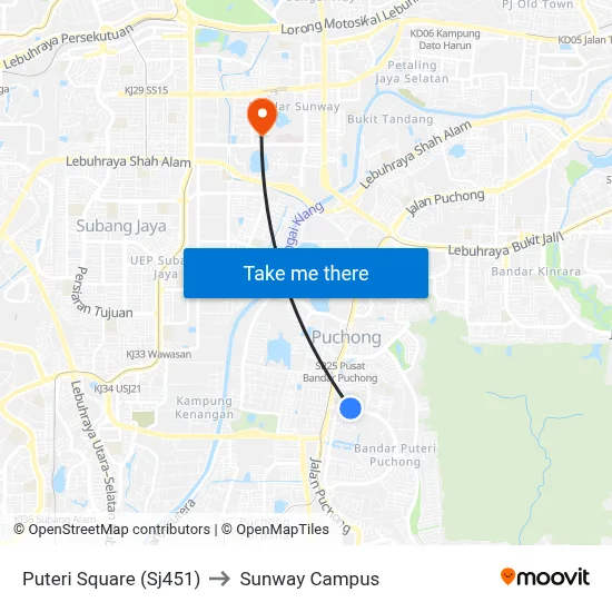 Puteri Square (Sj451) to Sunway Campus map