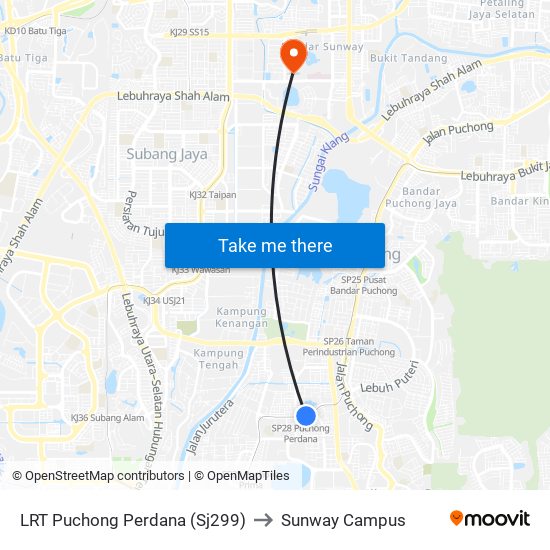 LRT Puchong Perdana (Sj299) to Sunway Campus map