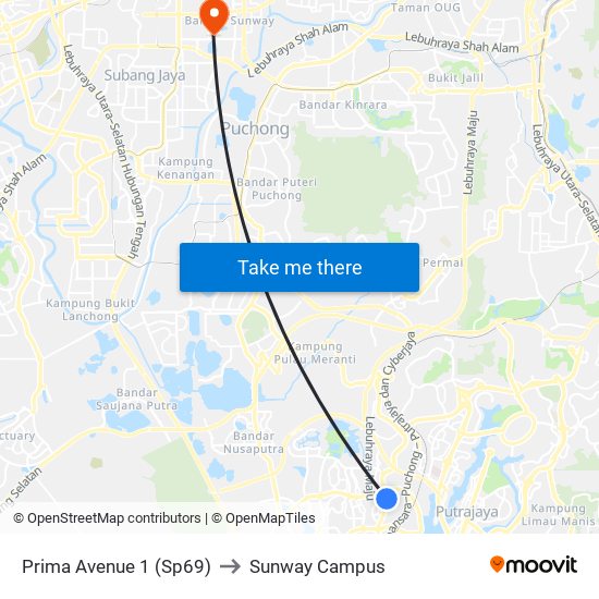 Prima Avenue 1 (Sp69) to Sunway Campus map