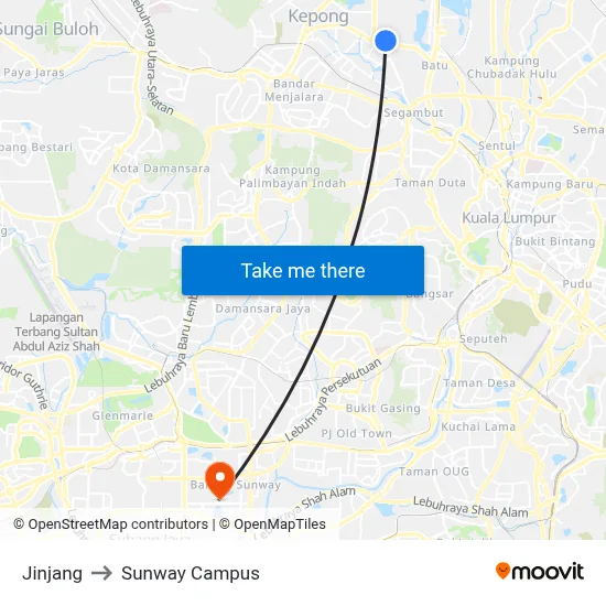 Jinjang to Sunway Campus map