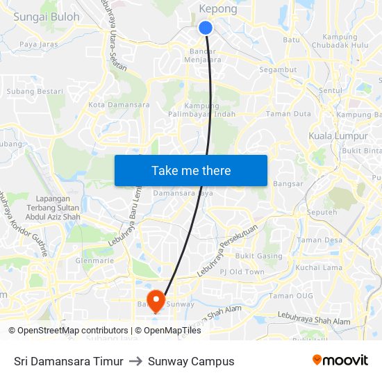 Sri Damansara Timur to Sunway Campus map