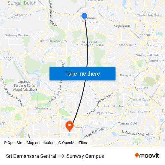 Sri Damansara Sentral to Sunway Campus map