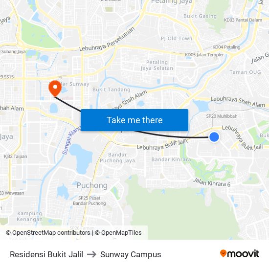 Residensi Bukit Jalil to Sunway Campus map